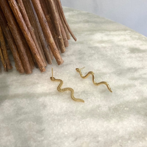 Gold Snake Minimalist Drop Earrings - Picture 3 of 6